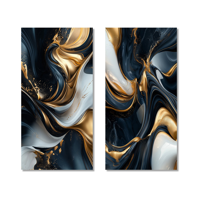 Marbre captivant doré et noir I - ensemble de 2 décorations murales abstraites en métal - imprimé sur métal, 32" H x 32" W