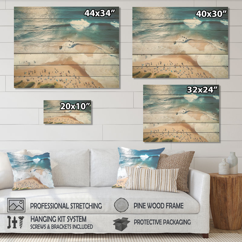 Blue Beach Aérienne vue majestueux IV - plage et océan sur bois, H 10 po x l 20 po x P 0,78 po