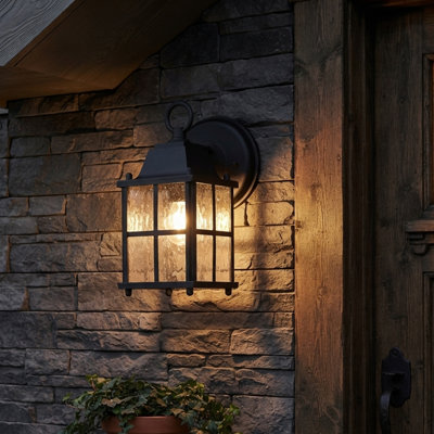 1 Light Black Outdoor Wall Lantern with textured Water Glass Shade, Hardwired, Bulbs not included