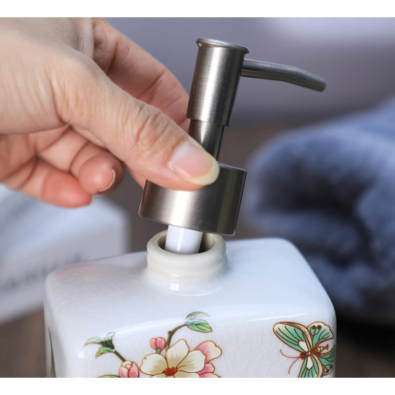 13oz Ceramic Soap Dispenser | Flower Pattern Lotion Bottle with Removable Pump | for Kitchen/Bathroom Soap & Oils, Beige