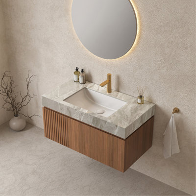 Comptoir en pierre frittée gris clair de 36 po et lavabo encastré en céramique avec un trou de robinet pré-percé standard, sans armoire, sans robinet et couvercle d'évier