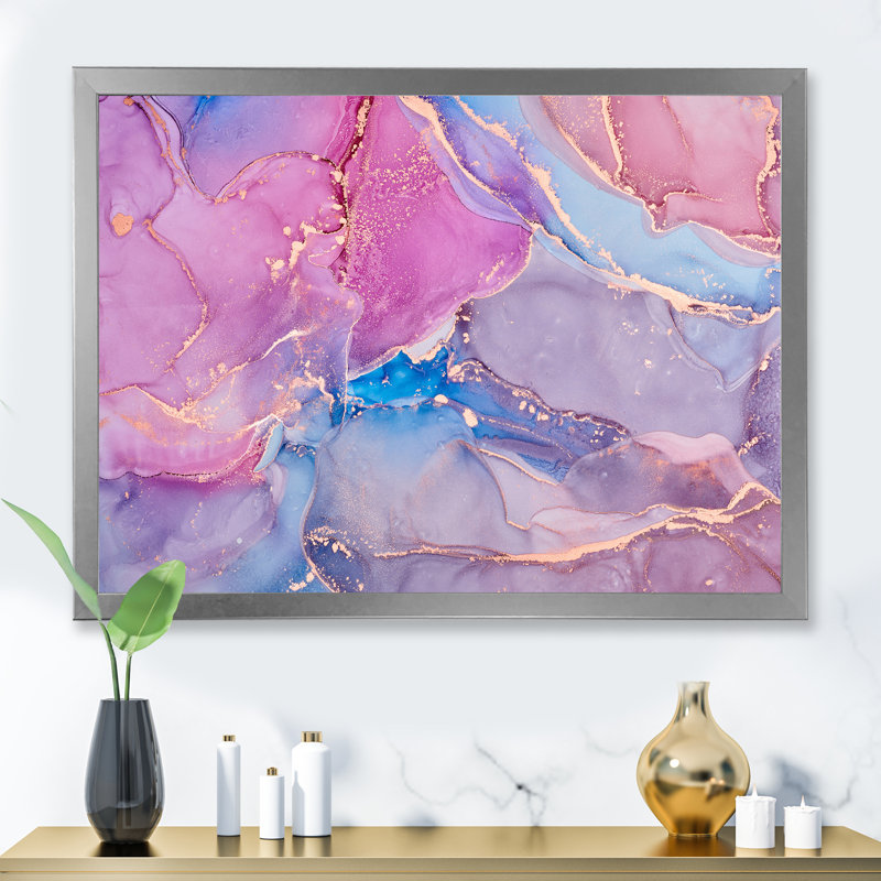 Rose et bleu liquide Art I - reproduction d'art moderne sur toile, H 24 po x l 32 po, Cadre photo argenté