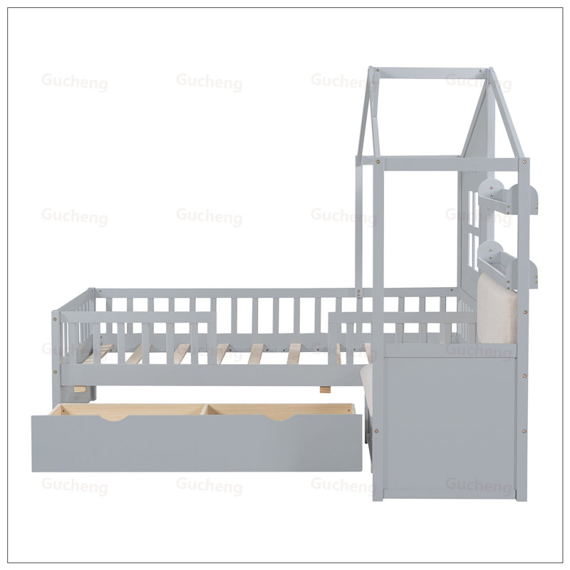 Structure de lit en forme de L avec tiroirs House, design ludique et amplement de rangement pour les chambres d'enfants, Gris