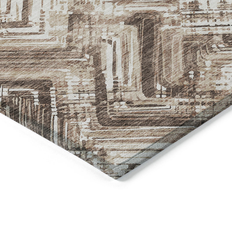 Tapis intérieur / extérieur 3 pi x 5 pi brun à motif géométrique lavable taupe et brun clair