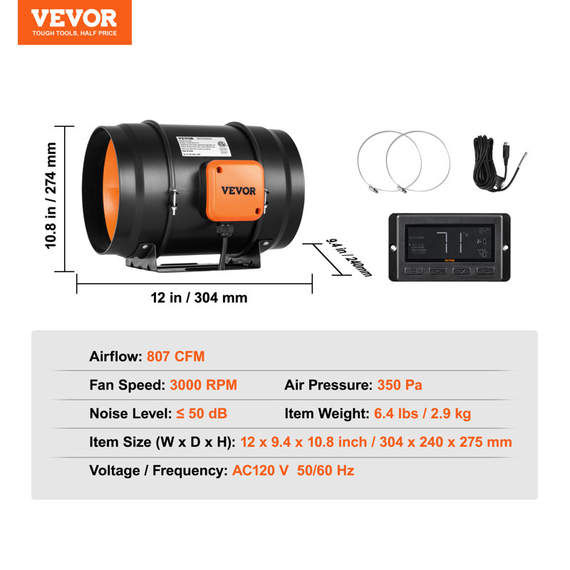 VEVOR 8 pouces de diamètre Ventilateur de conduit en ligne 68 watts