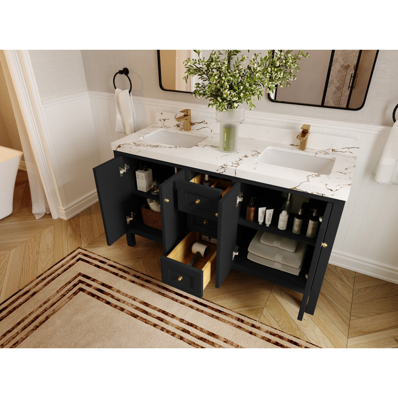 Nashville X P 22 po Meuble-lavabo double en D, Noir, Calacatta Laza