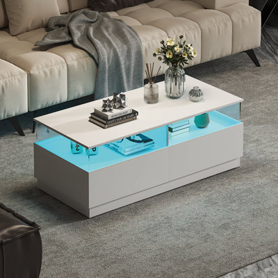 LED Coffee Table with Drawer & Clear Acrylic Side Panel for Living Room