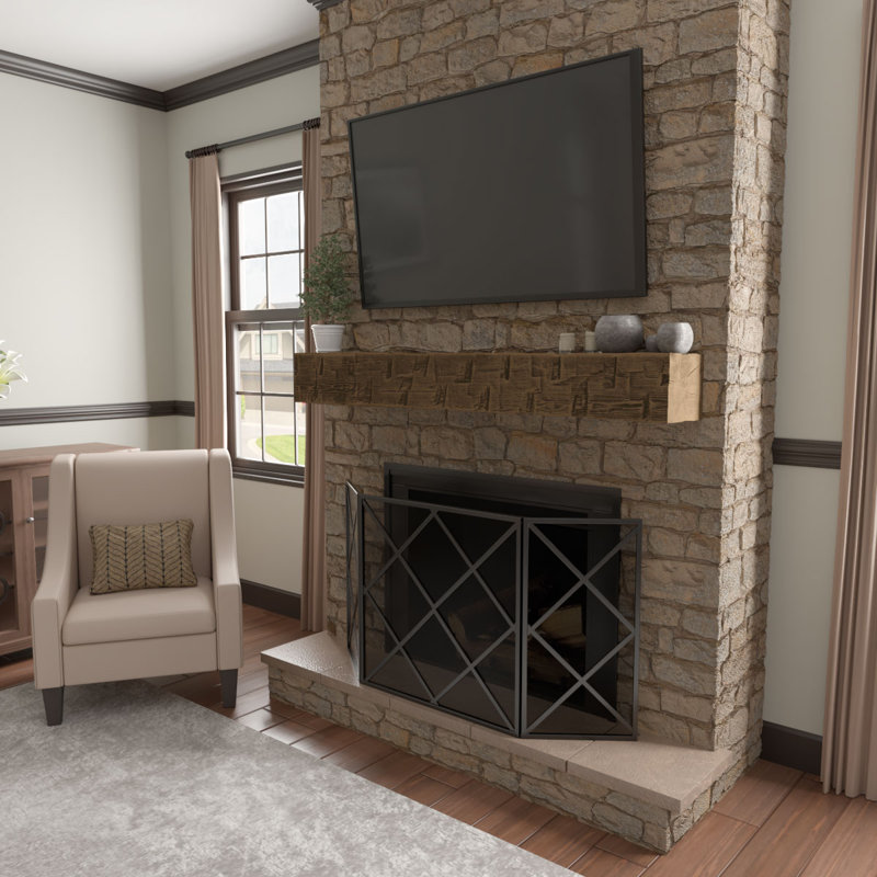 Reclaimed Axed Cut Heritage Timber Faux Wood Fireplace Mantel, Kona Brown, 7.5" H x 78" W x 9.5" D