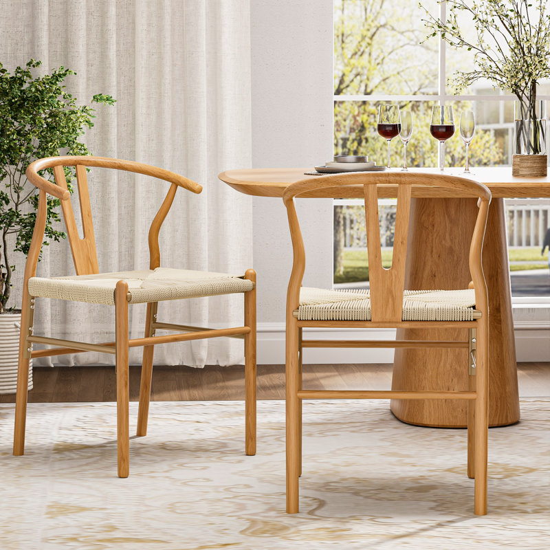 Wishbone Chair Solid Wood Y-Back Dining Chairs, Natural/Beige