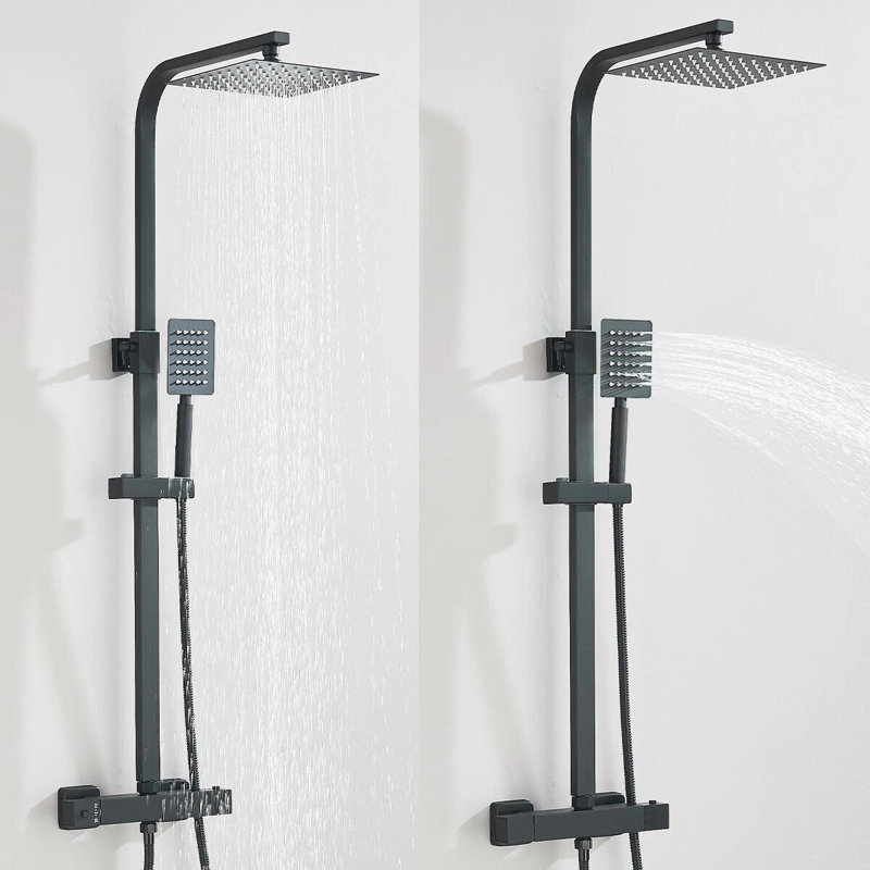 Thermostatic Exposed Bathroom Shower Mixer Twin Head Large Bar Set Square Valve