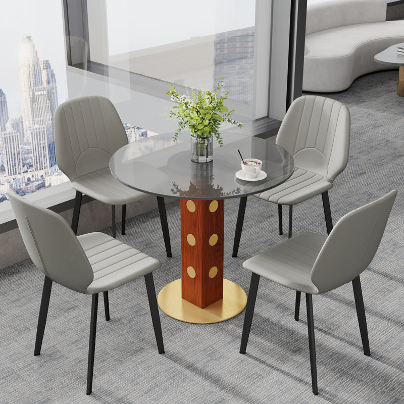Table de conférence ronde 5 pièces et 4 chaises en similicuir, Noir