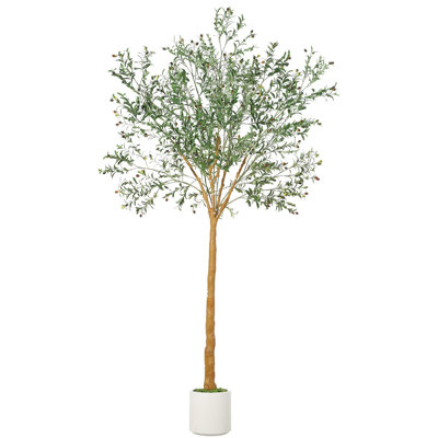 Olive artificielle d'intérieur, grand olivier artificiel de 9 pi de hauteur avec pot de fleurs blanc, fausses plantes réalistes avec tronc de bois et fruits réalistes pour la décoration intérieure