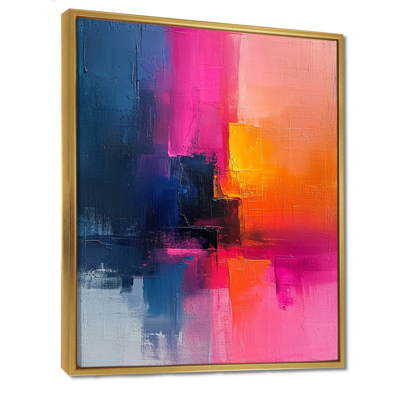 Fuchsia Sunrise - reproduction d'art abstrait mural, Toile avec cadre flottant or, H 40 po x l 30 po x P 1,5 po