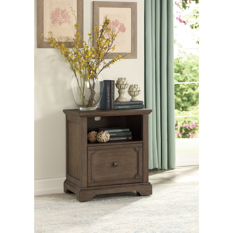 Classeur de bureau avec finition en chêne foncé, glissières de roulement dans le tiroir, rangement et rangement pour documents de style rustique de style transitionnel 1pc avec tablette, découpes de gestion des fils faciles