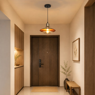 12'' Wide 1 - Light Vintage Metal Pendant Light with Wood-Grain and Silver Layered Shade Design