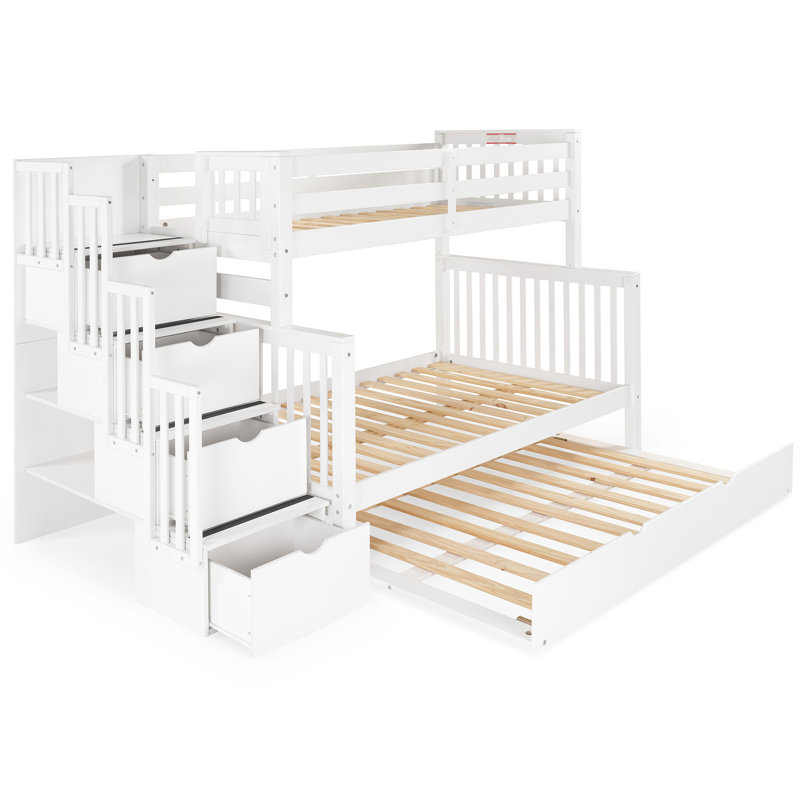 Tena Solid Wood Standard Stairway Bunk Beds Twin over Full, 4 Drawers in the Steps, Full Trundle, White, White