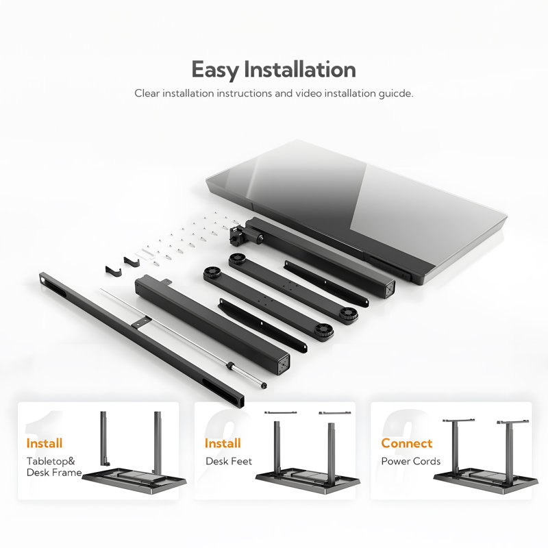 Tempered Glass Top Height Adjustable Standing Desk, Computer Desk with Drawer and USB Charge, Black, 46.5" H x 55" W x 24" D