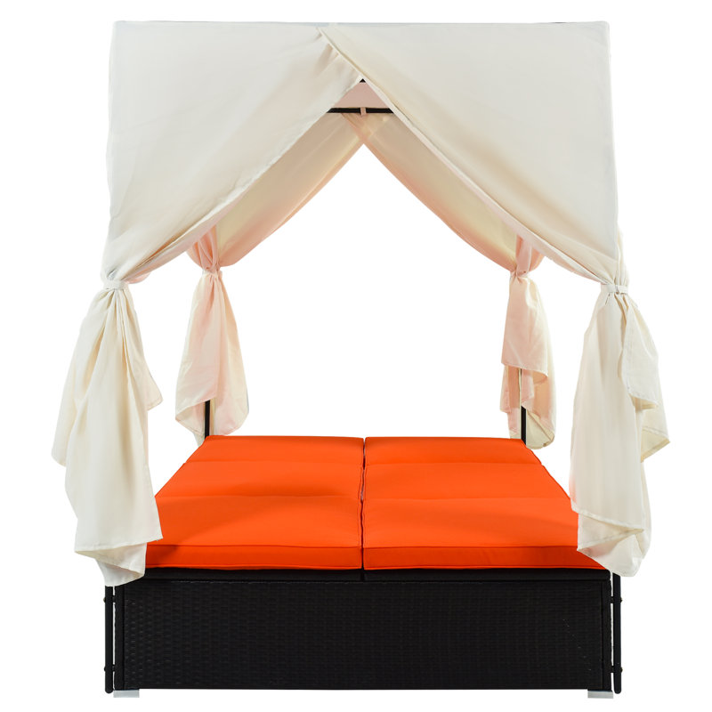 Outdoor Patio Wicker Sunbed With Cushions - Adjustable Seats, Shade Curtains For Garden/poolside, Orange