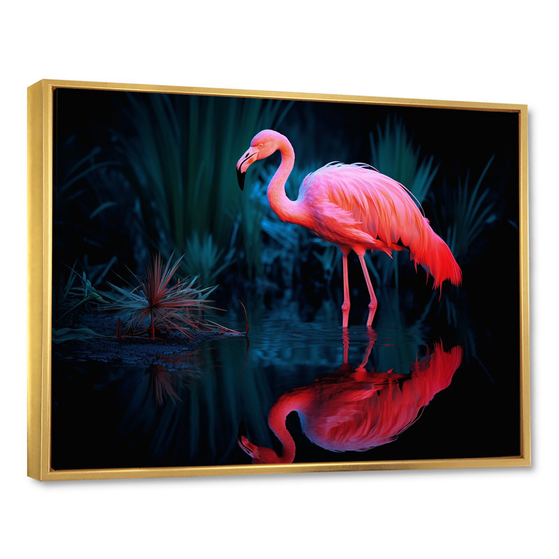 «Pink Flamingo Paradise II», reproduction sur toile, Cadre flottant doré, H 30 po x l 40 po