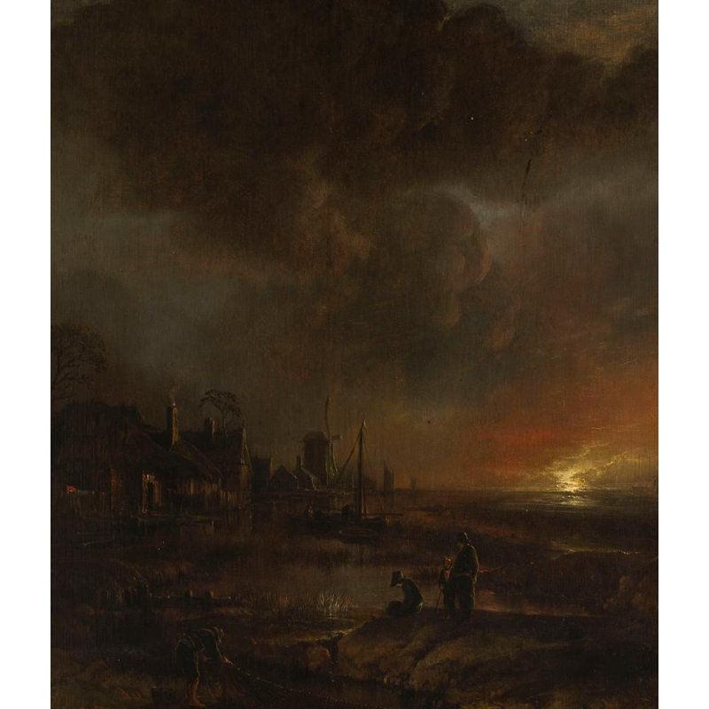 «Fishing at Night» par Aert Van Der Neer - Art mural sur toile tendue avec châssis, H 24 po x l 17 po
