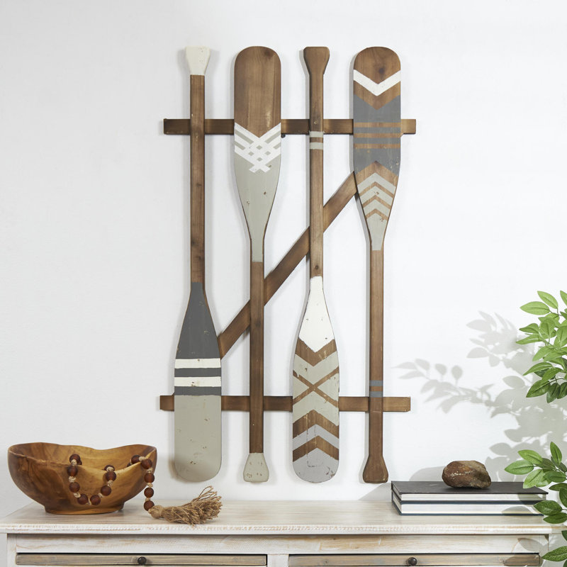 Wood Arrow and Stripe Patterned Paddle Home Wall Decor with Muted Blue Accents, Light Gray/Brown/White
