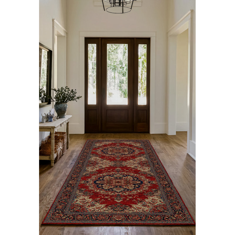 Guria Burgundy/Brown Oriental Vintage Look Machine Printed Cotton Chenille Area Rug, Rectangle 5'3" x 9'11"