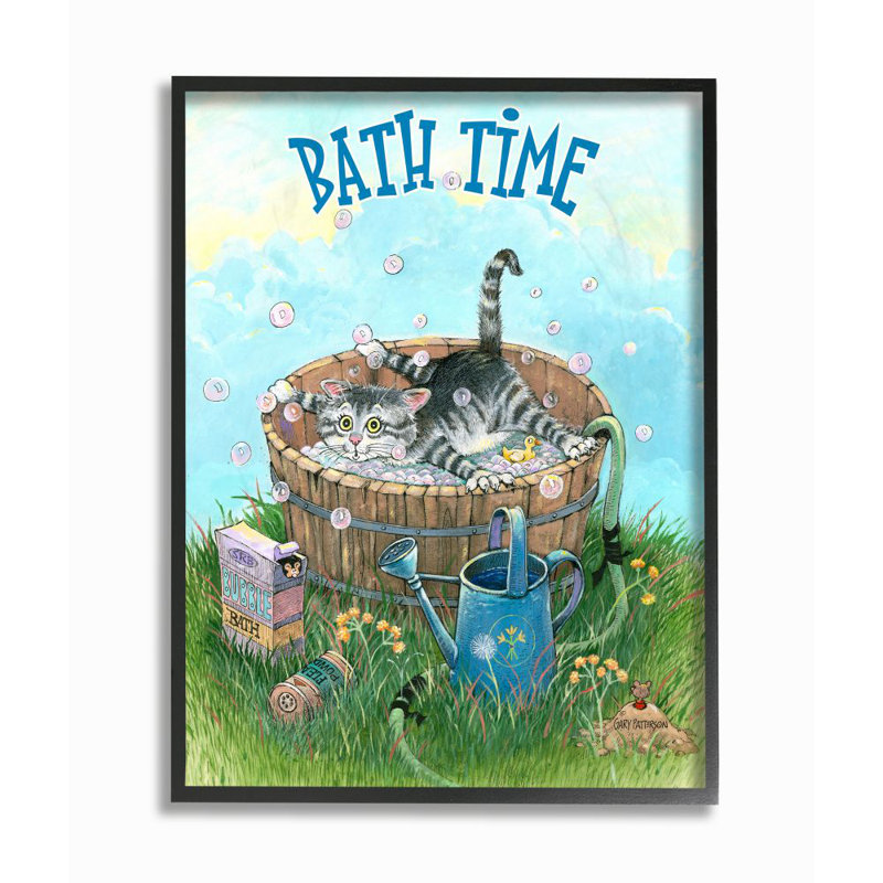 «Bath Time Funny Cat Dessin» par Gary Patterson - impression d'art graphique, H 30 po x l 24 po, Giclée encadrée noir minuit
