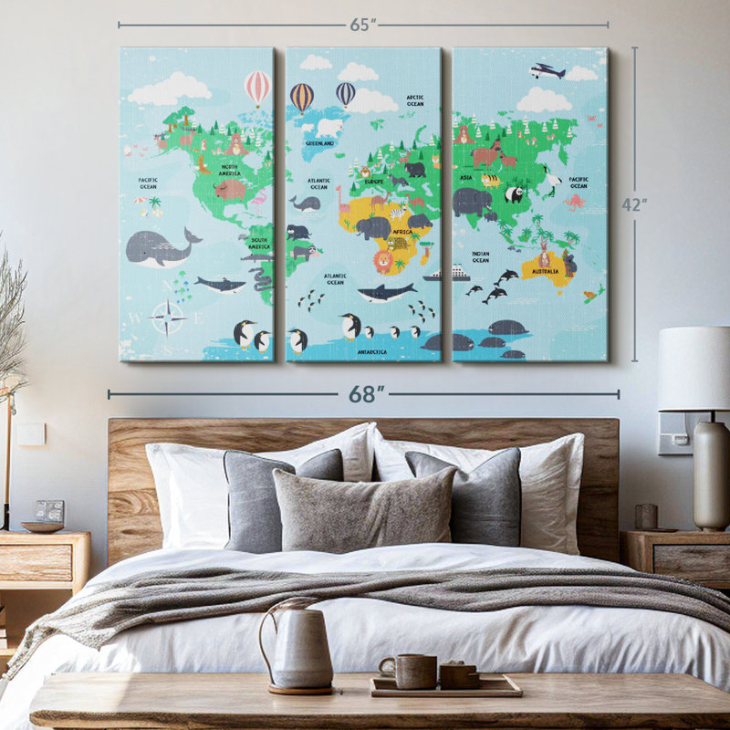 "Carte du monde pour enfants" sur toile, H 42 po x l 65 po x P 1,25 po
