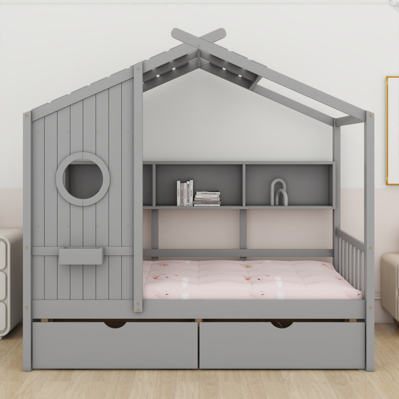 Lit maison avec tiroirs, tablette de rangement, Gris