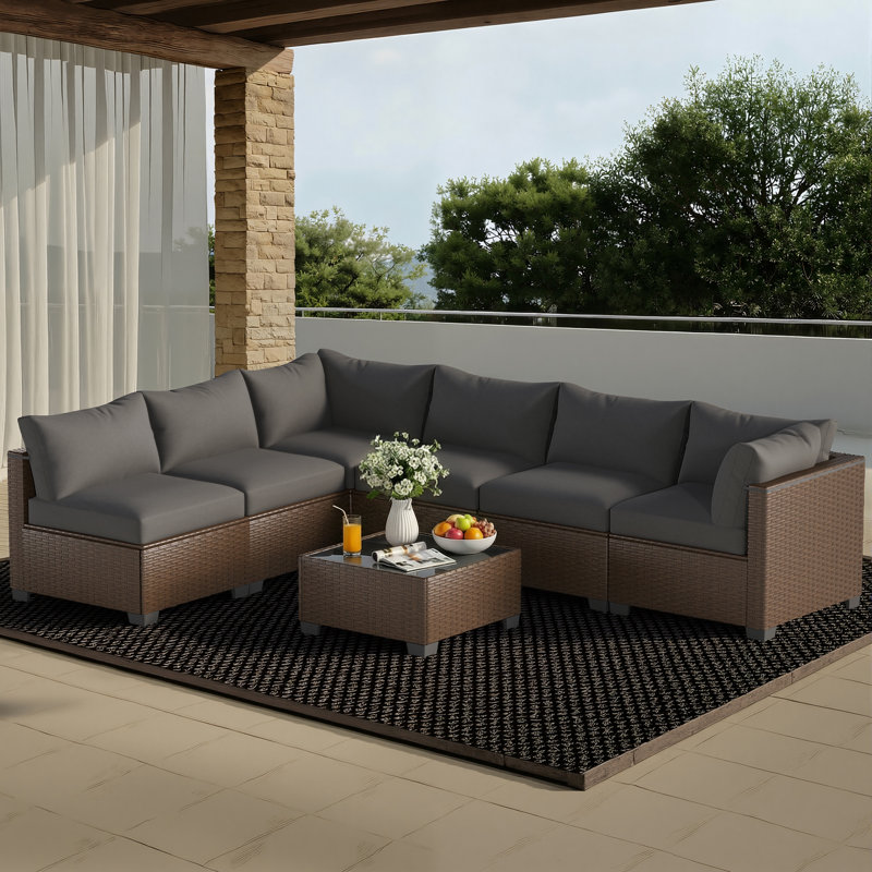 7 Piece Rattan Sectional Seating Group With Cushions, Dark Gray, Brown