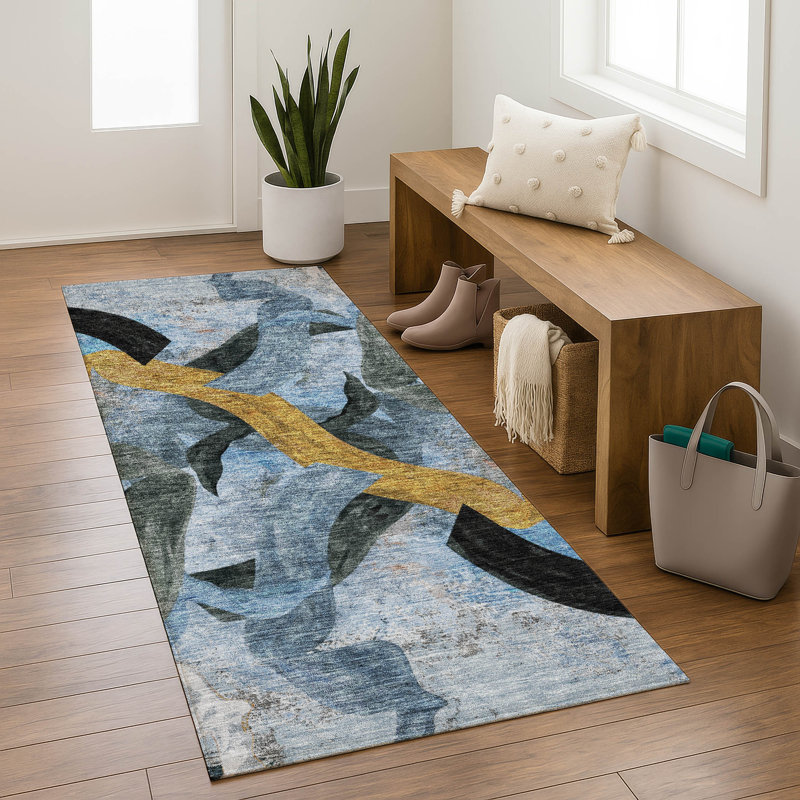 Premium Machine Washable Mayfield AMF2191 abstract Rug, Denim, 2'3" x 7'6" Runner