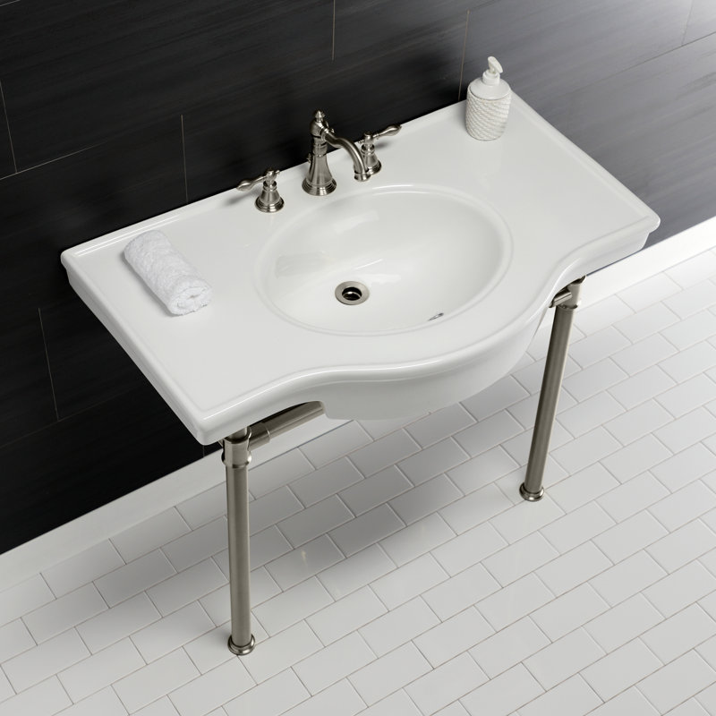 Lavabo de salle de bain console en céramique avec trop-plein, Nickel brossé