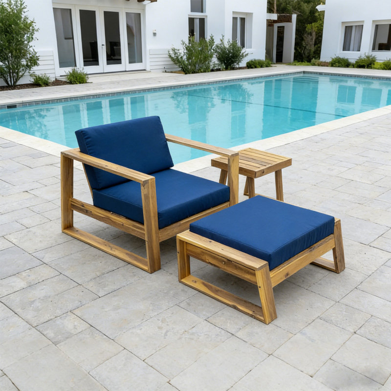 Acacia Wood All-Weather Outdoor Lounge Set, Chair & Ottoman With Removable 18D Foam Cushions, Included Side Table, For Patios Balconies Gardens Poolside