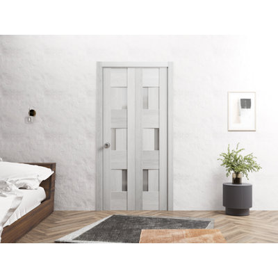 Sete Sliding Closet Bi-fold Doors Light Gray Oak with Frosted Glass Solid Wood Bedroom Wardrobe Doors -  VDomDoors, SETE6933BF-OAK-36