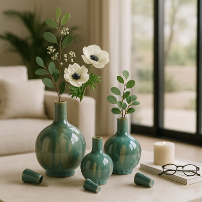 Decorative Table Vase Set Ceramic and Stoneware Sculptural Bottle-Shaped Design with Handcrafted Artisan Glaze Detailing Ideal for Accent Styling and Shelf Display - Set of 3