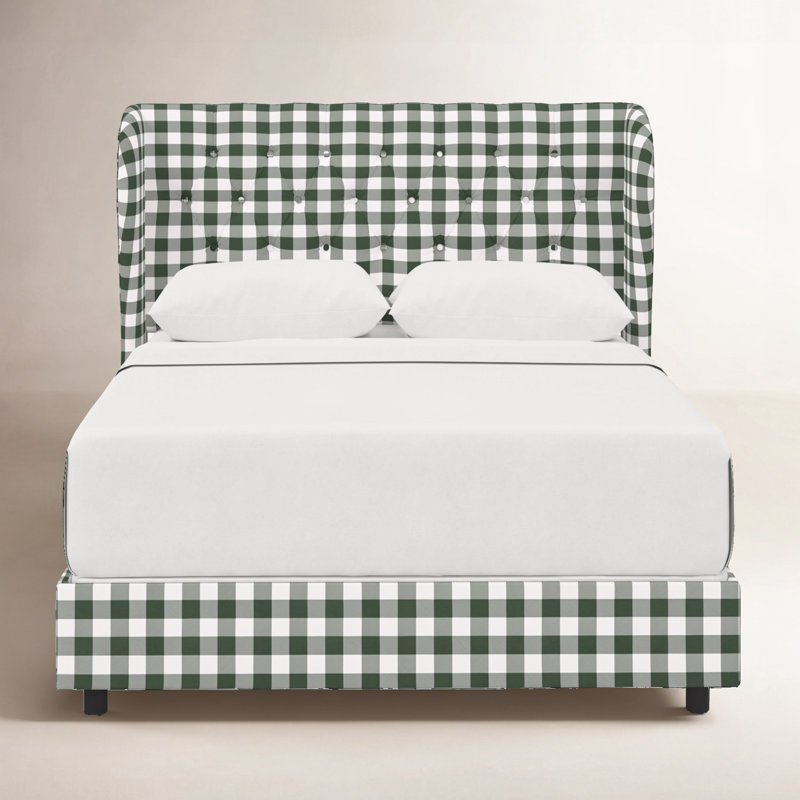 Tomey Upholstered Wingback Bed, Twin, Classic Gingham Evergreen