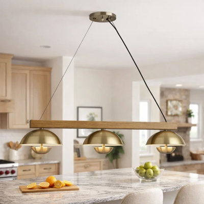 Sete 47 Inch Island Chandelier W LED, Rustic Brass Dome Shade, Wood