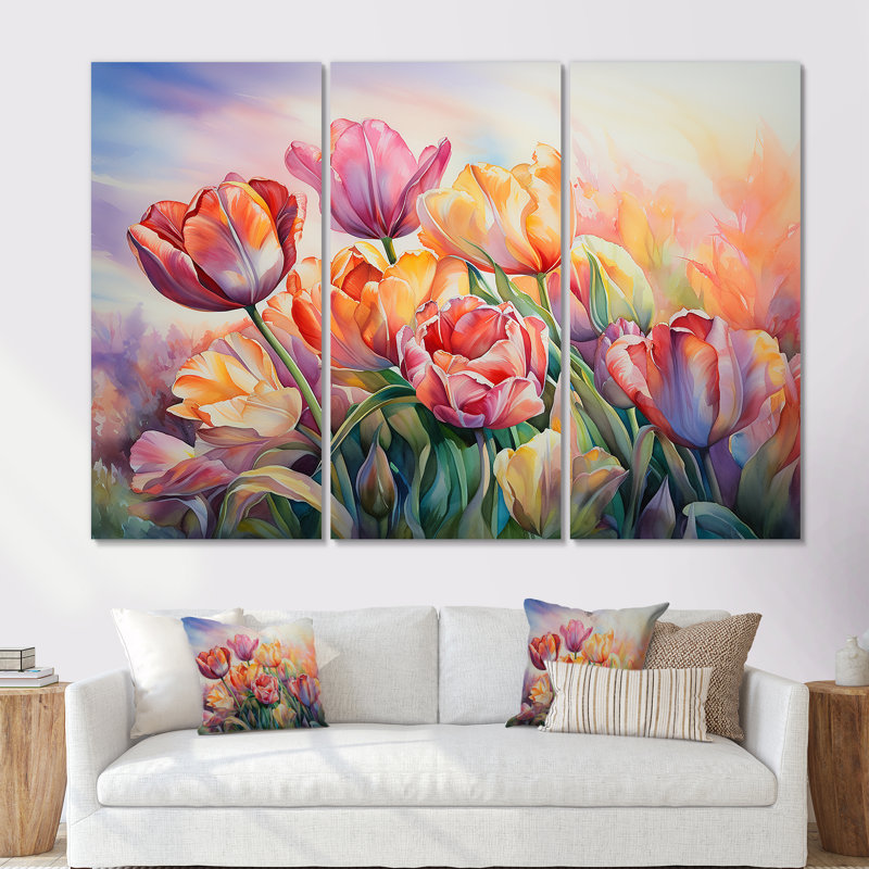 Tulipes coucher de soleil II - ensemble d'art mural tulipes, H 28 po x l 36 po x P 1 po, Toile tendue