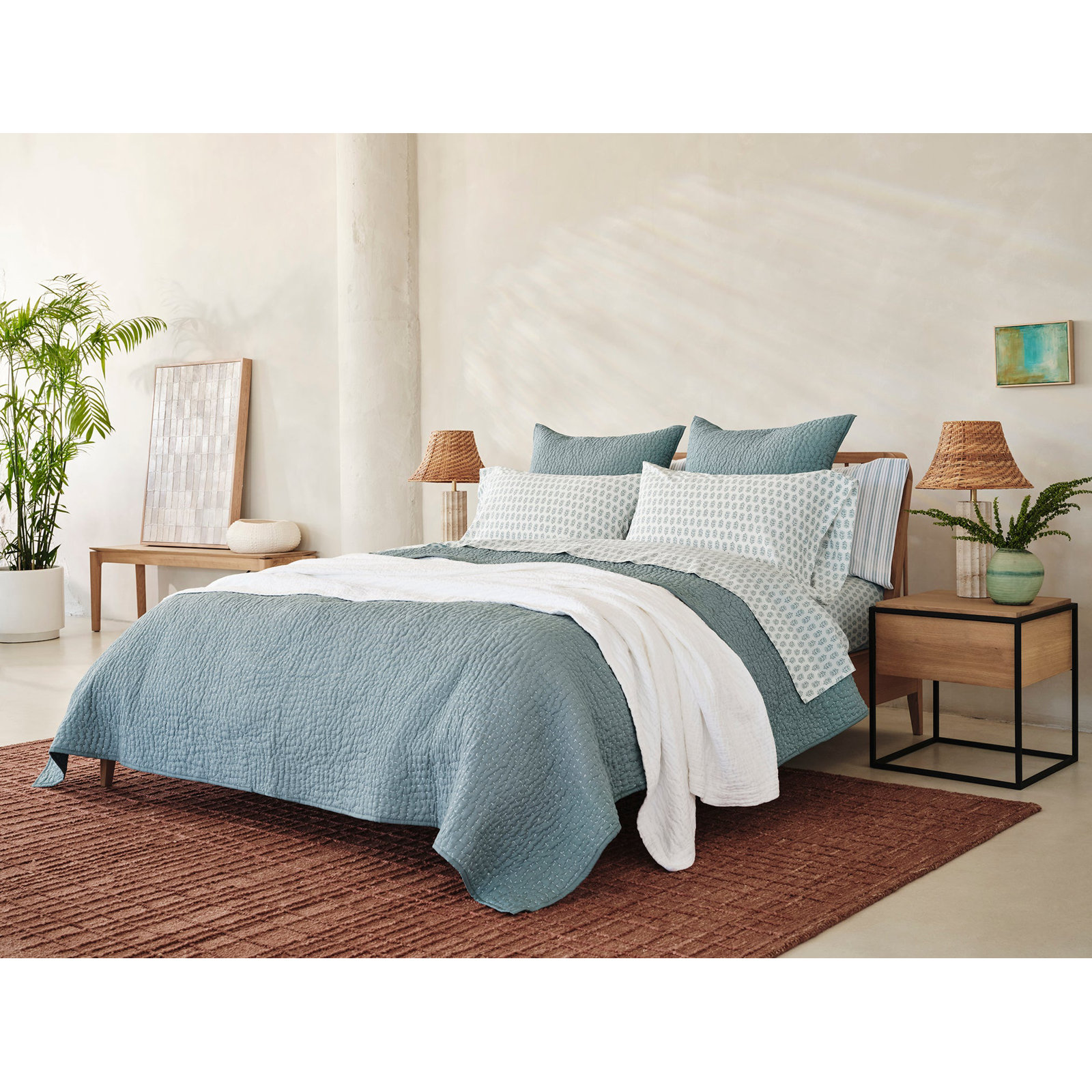 Pebbled Organic Percale Quilt, Full/Queen Quilt, Lagoon