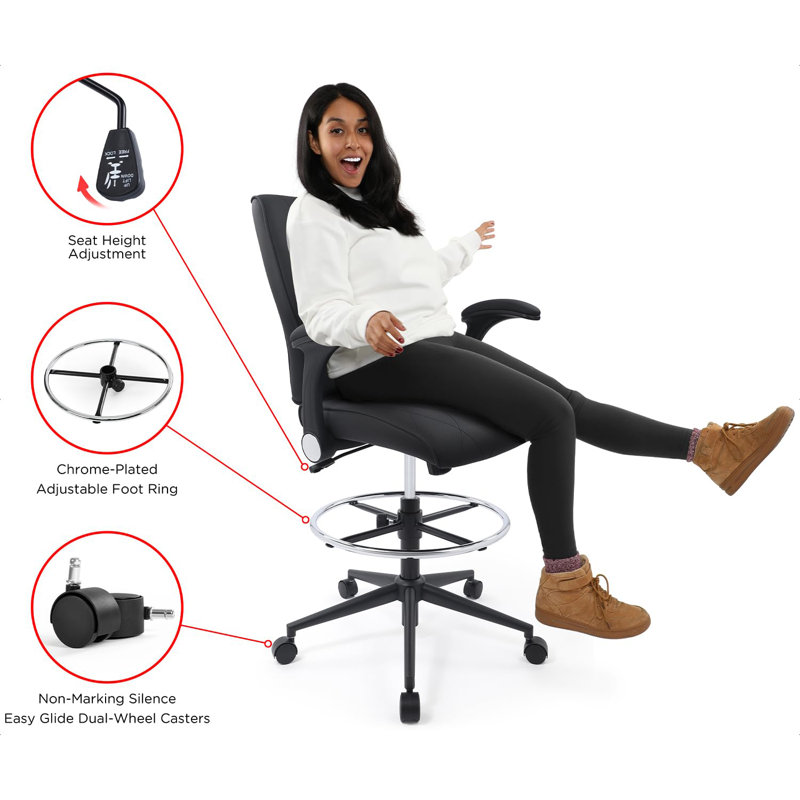 Ergonomic Mid-back Faux Leather Adjustable Drafting Chair With Filp Up Arms And Foot Ring, Standing-desk Matched Tall Swivel Rolling Computer Office Stool, Black