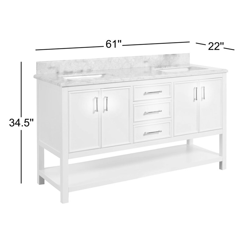 Paulene 60'' Double Bathroom Vanity with Marble Top, Soft White, White/Gray