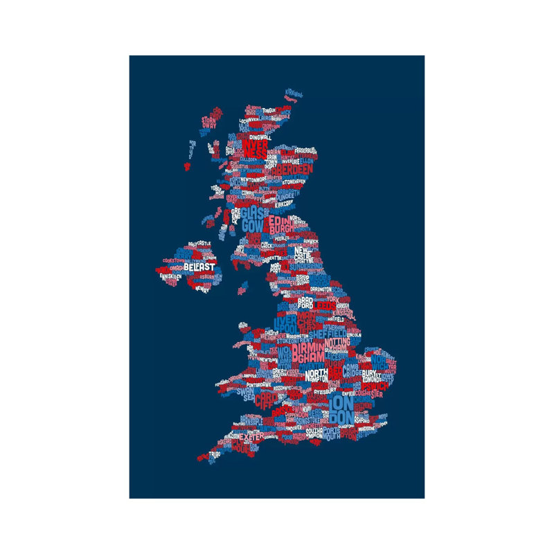 Great Britain UK City Text Map (Blue) by Michael Tompsett - Wrapped Canvas Print