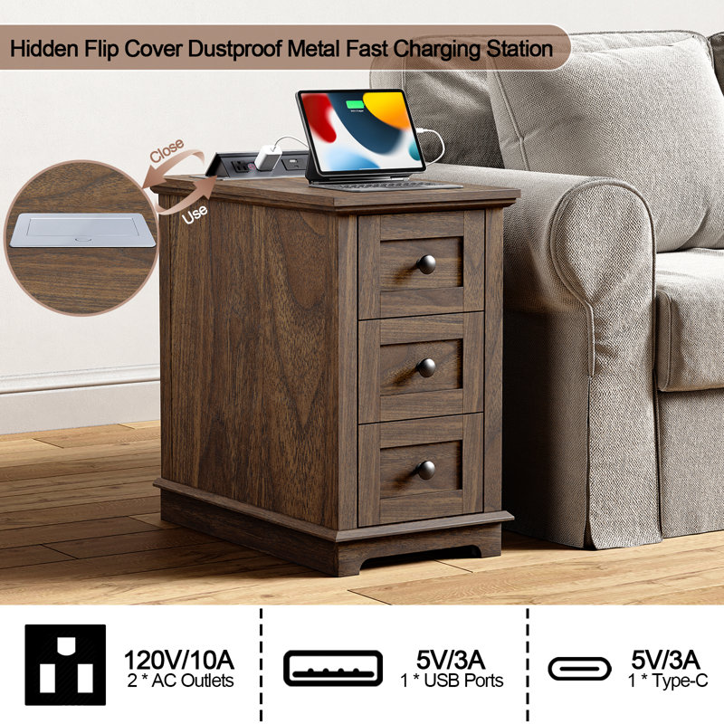 3 Drawers End Tables with Storage and Built-in Outlets for Living Room, Brown, Brown