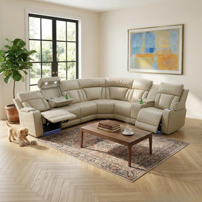 3-Pieces 210" Top Breathable Leather Power Reclining Home Theater Sectional with Wirelsee Chargers and LED Lighting