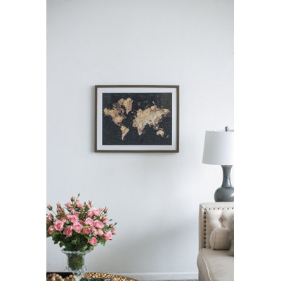 Mappemonde encadrée sous verre - H 22,5 po x l 28,5 po x L 1,5 po - noir / or