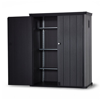 Plastic Outdoor Storage Cabinet with Shelves,  Waterproof Resin Outdoor Storage Shed with Floor, Lockable Horizontal Shed