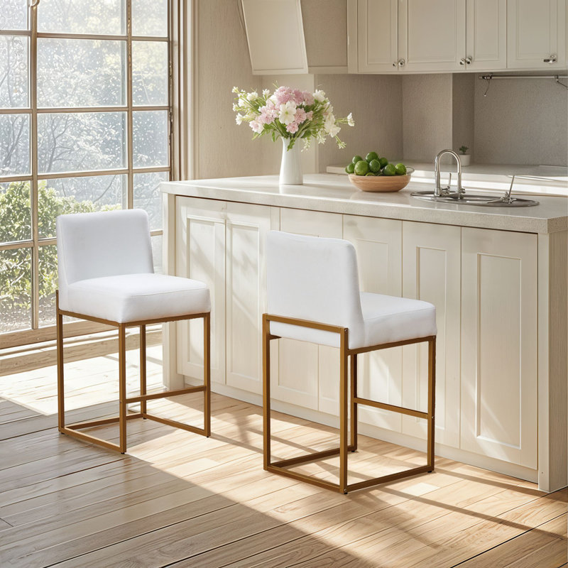 Ensemble de 2 tabourets de bar à hauteur de comptoir 26 po avec base en métal mat en tissu lin blanc neige