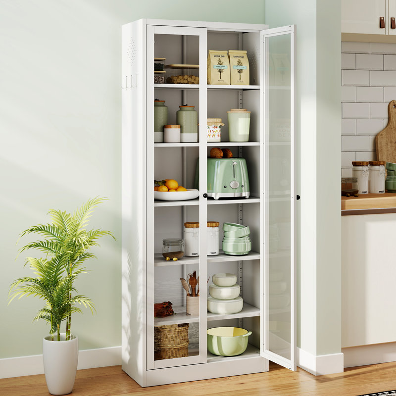 Armoire de cuisine en métal - Porte de rangement en verre de 72 po de hauteur avec 5 tablettes réglables, armoire autoportante blanche pour cuisine / garde-manger / salle de bain / salle de lavage
