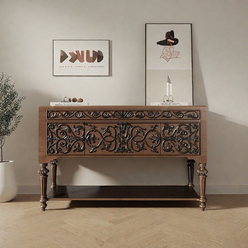 Retro Carved Multifunctional Console Table, 34.65" H x 62.99" W x 17.72" D