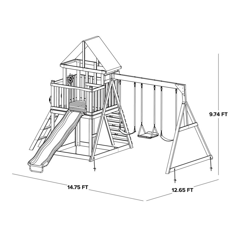 Olympia Natural Wood Swing Set with Green Slide and Fort